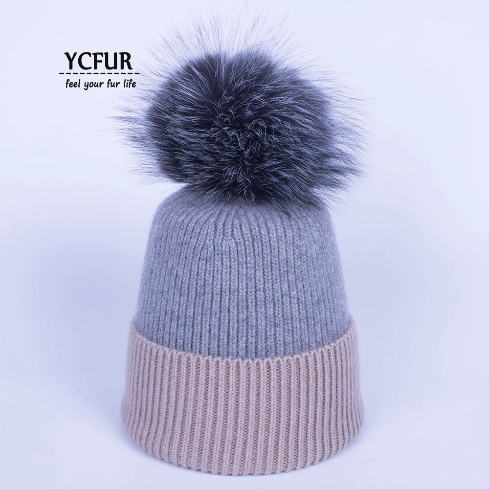 YC Fur, зимняя шапка, шапка для женщин, натуральный мех, помпон, шапки s, шапки бини, женские, двойные цвета, вязаные шапки из овечьей шерсти, шапки бини, Skullies, для девочек