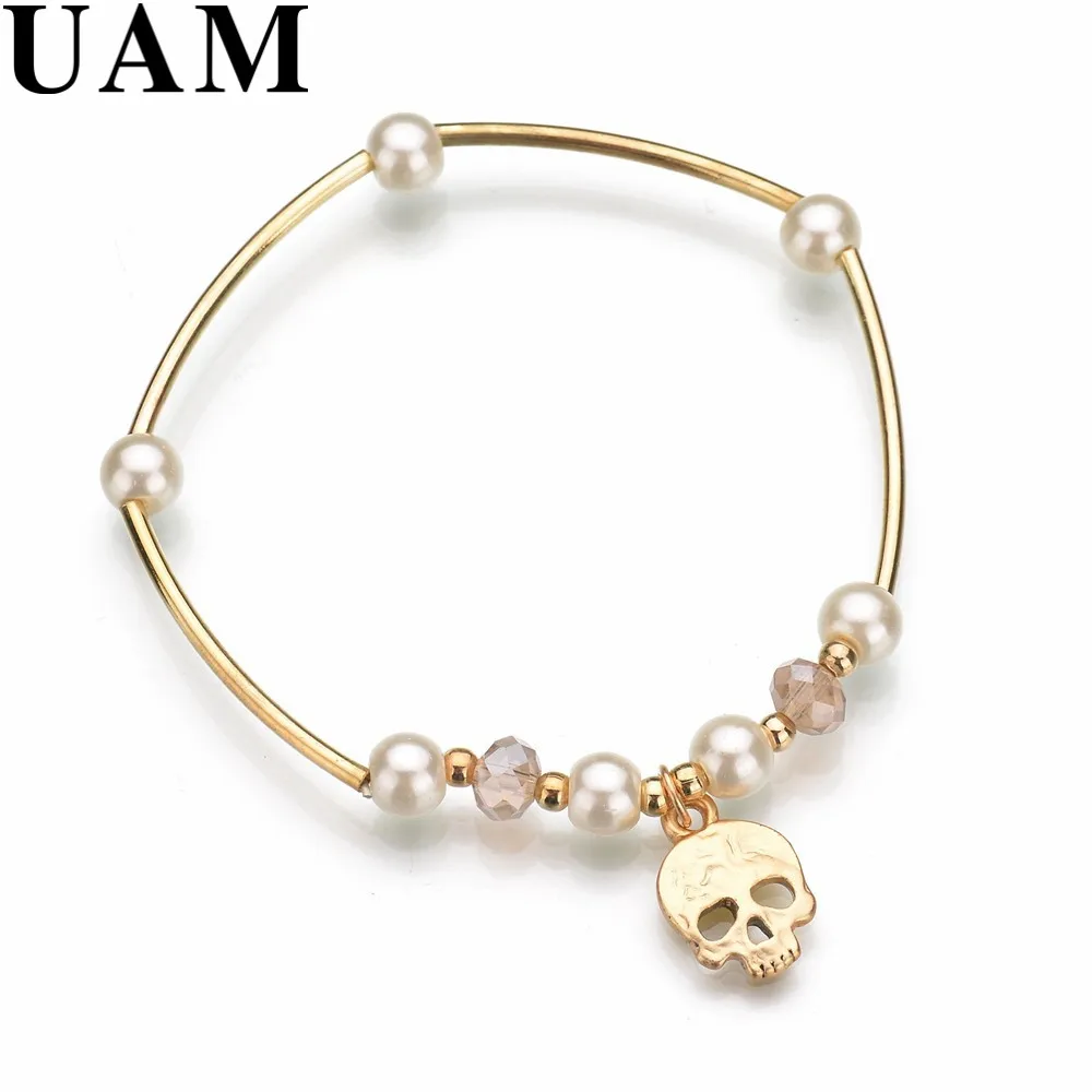 UAM Classic Simple Cute Copper Gold Color Simulated Pearl Skeleton Skull Charms Bangles Summer Women Girlfriend Birthday Gift | Украшения и