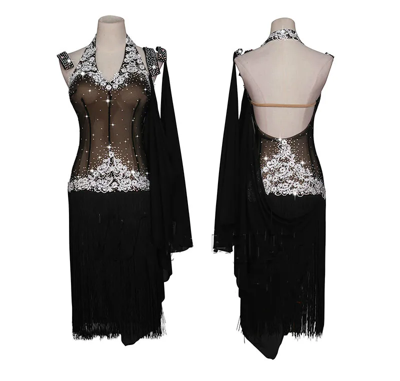 

Shining Rhinestone Latin Dance Dress Women White Embroidery Lace Club Party Dancer Singer Entertainer Fringe Tassel Black Dress