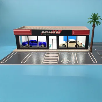 

1:64 Scale ADVAN Parking Lot Exhibition Hall with Road Pavement Small Trees 4S Shop Building Model Luxury Parking Space