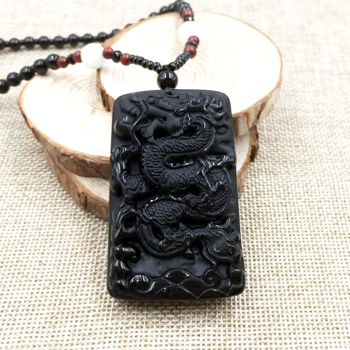 

A-69 Vintage China Hand-Carved Dragon 100% Natural Grade A Obsidian Jade Pendant