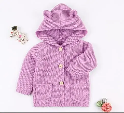 Детские свитера для мальчиков и девочек; кардиган для новорожденных рисунок медведя для мальчика уха куртка с капюшоном осенние детские Повседневное с длинными рукавами, трикотажная одежда - Цвет: Light purple 82W443