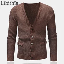 Мужские шерстяные свитера Кардиган пэчворк цвета v-образным вырезом полиэстер толстый Hombre свободная одежда мужской темно-серый черный коричневый T278