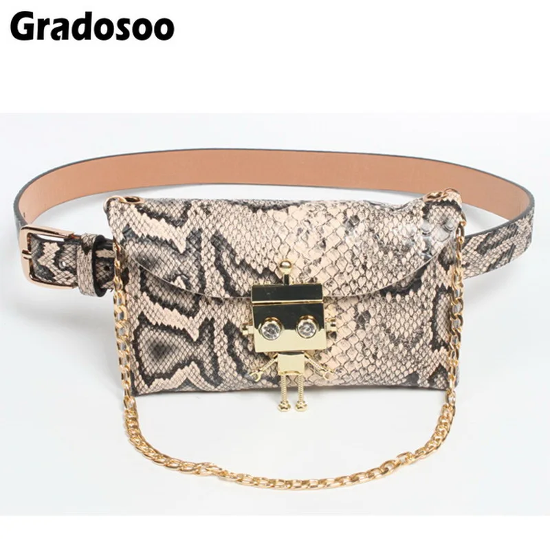 

Gradosoo Robot Design Belt Bag For Women Snake Waist Pack Diamonds Buckle Fanny Pack Chain Waist Bags Punk Women Purse LBF376