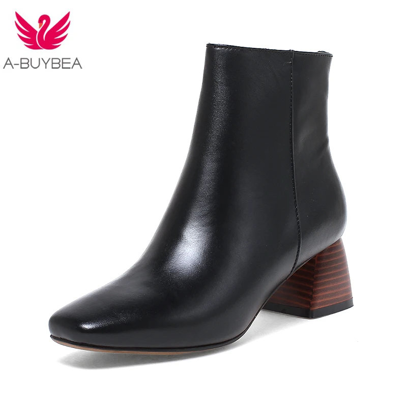 

2018 Winter New style genuine leather ankle boots pointed toe thick heel chelsea boots calf leather women boots ladies shoes