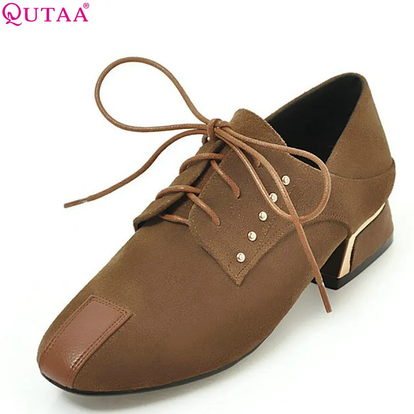 

QUTAA 2018 Women Pumps Synthetic Fashion Women Shoes Platform Lace Up Square Low Heel Square Toe Simple Women Pumps Size 34-43