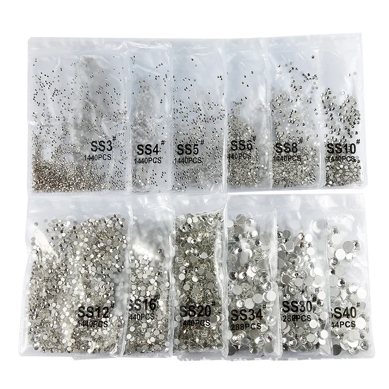 

1440Pcs Flat White Rhinestone For Nail Art Decorations Jewelry Round Crystal Stone for DIY Nails Accessories Supplies SS3-SS16