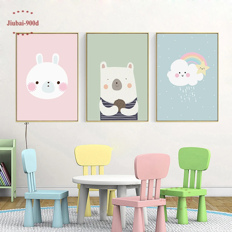 

Nursery Cartoon Animal Poster Canvas Painting Baby Room Wall Decoration Bunny Bear Cloud Pictures posters and prints NUR39
