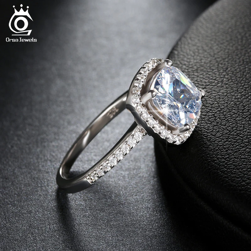 ORSA JEWELS Top Grade Wedding Ring with Big Size 2 Ct Cushion Cut Cubic Zircon Ring Luxury Engagement Ring for Women OR94