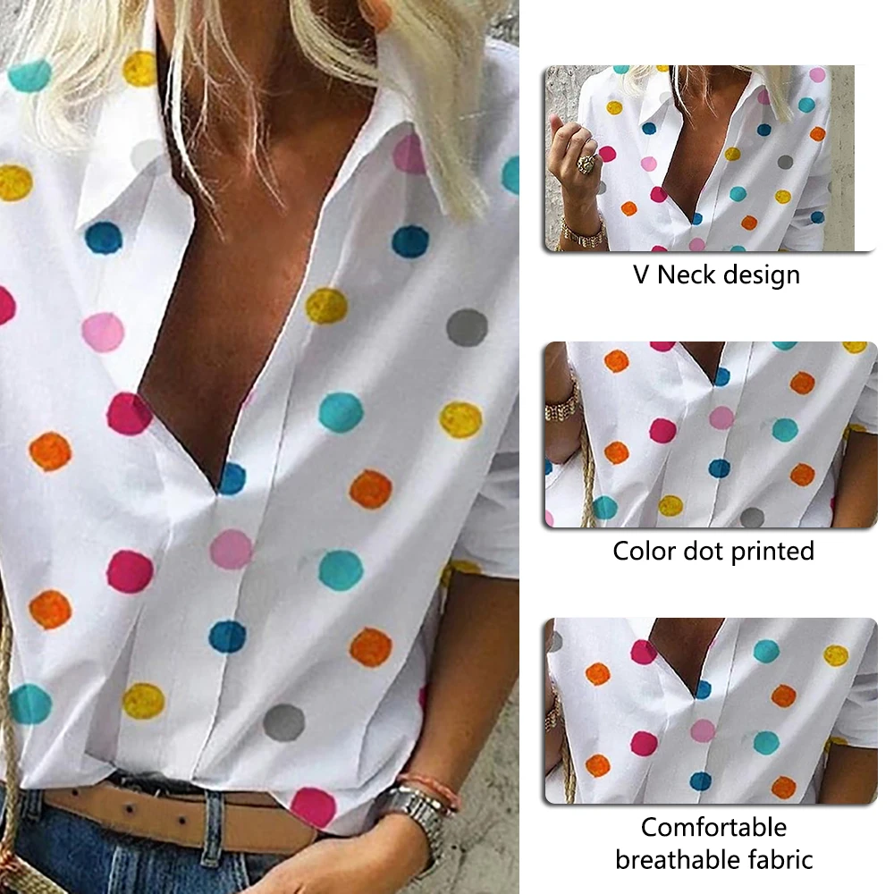 LITTHING летняя блузка, женские топы, модная повседневная Свободная рубашка в горошек с длинным рукавом и глубоким v-образным вырезом Bluzki Damskie Blusas Mujer De