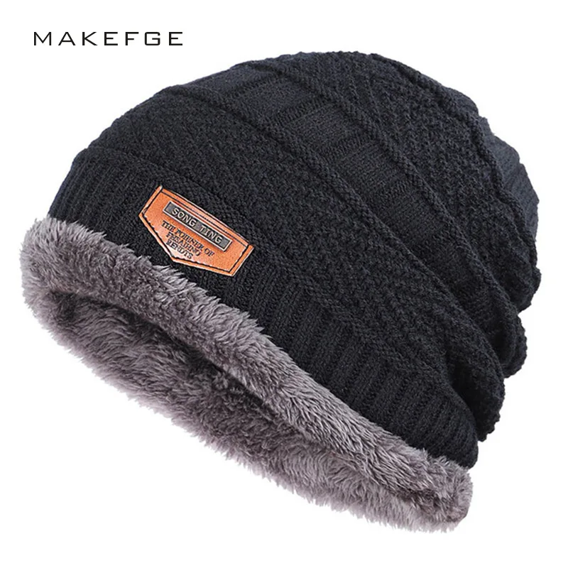 

Winter new knitted men's hats plus velvet thickening outdoor warm and comfortable caps unisex leather label skullies beanie male