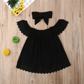 

Fashion Kids Baby Girl Summer Outfits Off Shoulder Flare Sleeve Lace Patchwork Dress+Headband 2Pcs Child Girl Clothes Sets 1-6Y
