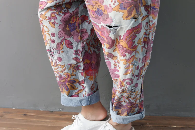 Женские винтажные потертые Широкие джинсовые комбинезоны с цветочным принтом, женские комбинезоны больших размеров с заниженным шаговым швом