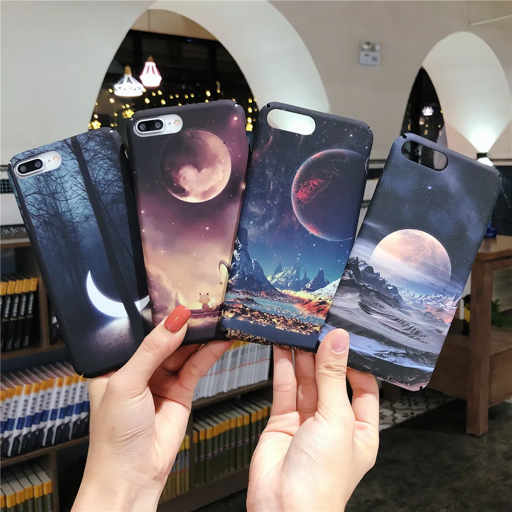 

Cartoon Sky Moon Stars Mountain Landscape Case For Samsung Galaxy S10 S7 Edge S8 S9 Plus Note 8 9 Space Hard phone Cover Fundas