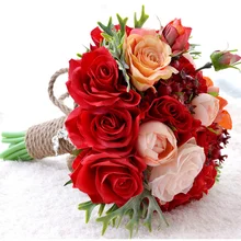 Красный Шелковый Свадебный букет цветов дешевые продажи дизайн букеты марияж сад Формальные Свадебные аксессуары