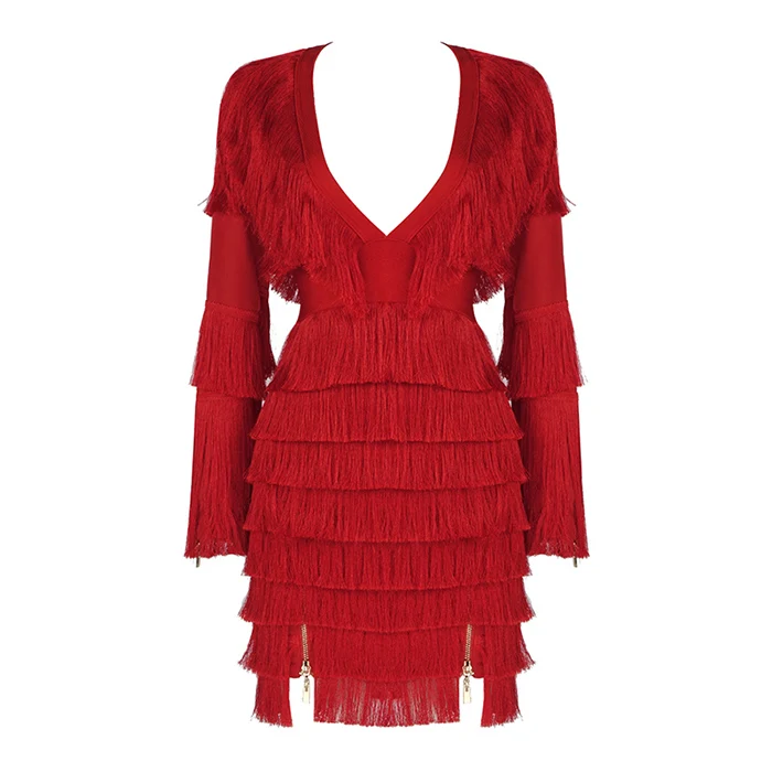 Осень, Белое Женское Платье с бахромой, длинный рукав, кисточка, облегающее мини платье, сексуальное Клубное вечернее платье в стиле знаменитостей, Vestidos - Цвет: Красный