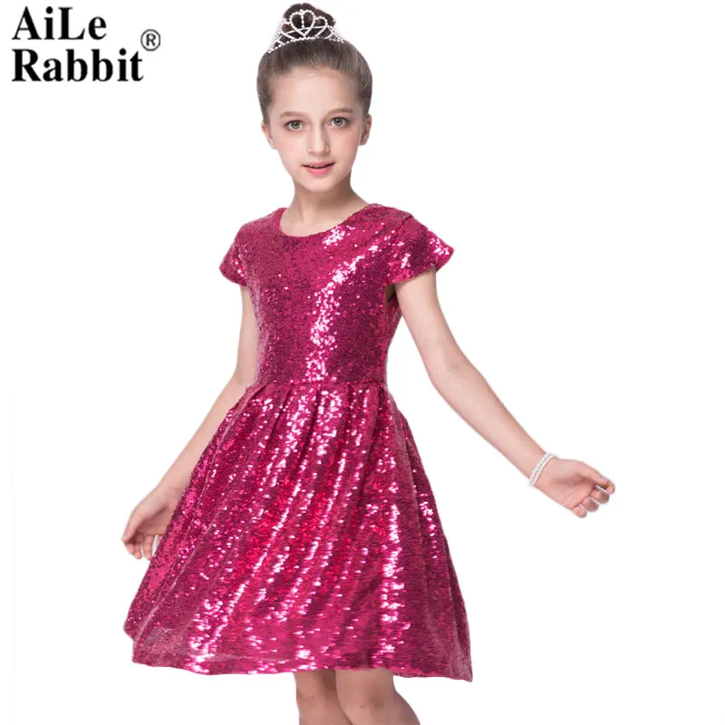 

AiLe Rabbit 2018 INS Fashion Girls Dress Sequin Short Sleeve Dress Party Dress Shiny Princess Boutique Clothing Golden Rose Red