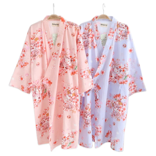 Summer cute sakura rabbit kimono robes women 100 gauze cotton femmes