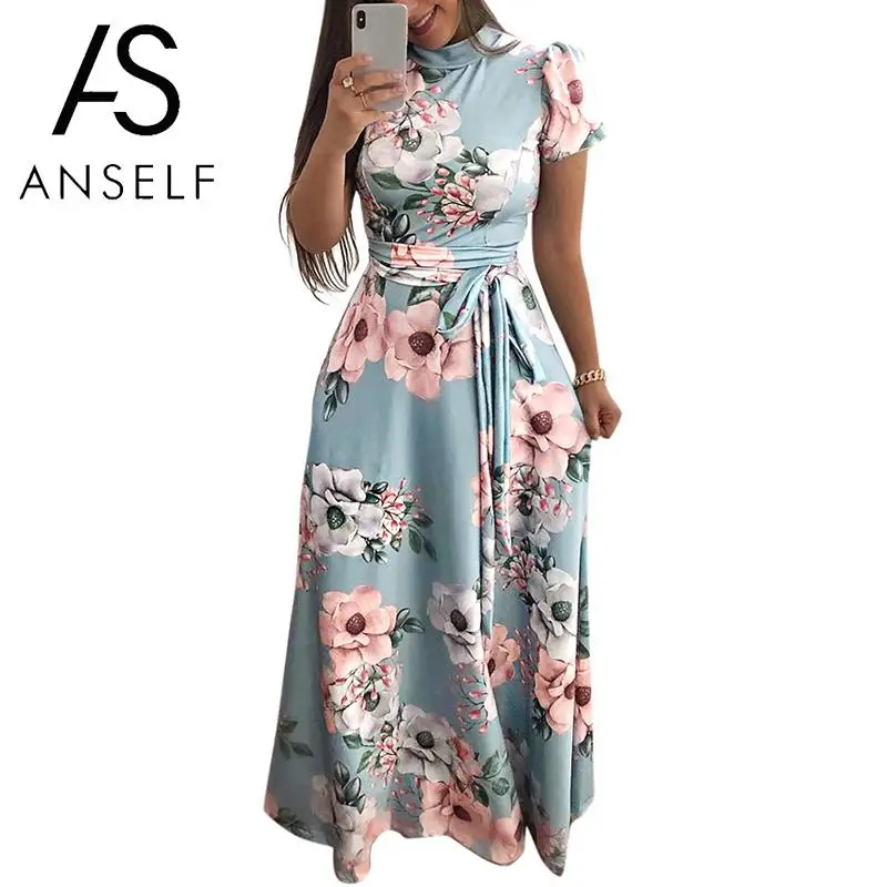 

Women Summer Dress 2019 Casual Short Sleeve Long Dress Boho Floral Print Maxi Dress Turtleneck Bandage Elegant Dresses Vestidos