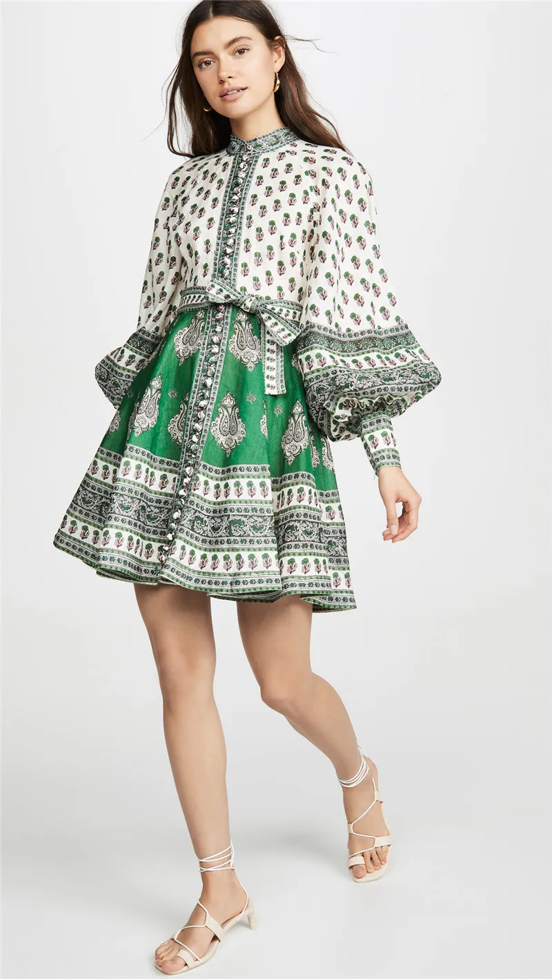 Summer Dress 2019 Runway Elegant Slim Women O Neck Lantern Sleeve High Waist Vintage Mini Dresses (2)