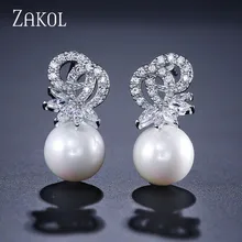ZAKOL, классические серьги-гвоздики с искусственным жемчугом и цирконием для женщин, Роскошные вечерние серьги-гвоздики с кристаллами для невесты