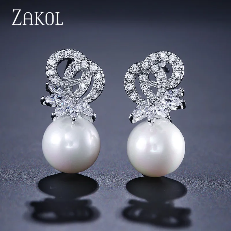 

ZAKOL 4 Color Options Luxury Fashion Design Phoenix Flower Cubic Zirconia With Simulated Pearl Stud Earring For Women FSEP126