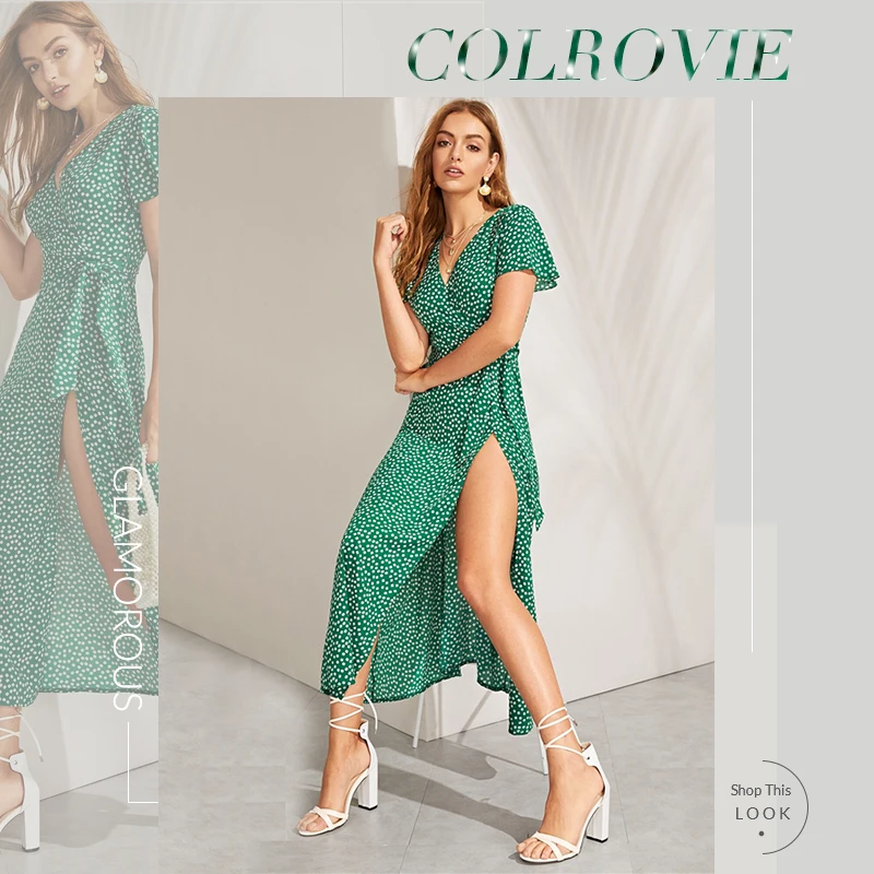 COLROVIE зеленое длинное женское платье с v-образным вырезом и разрезом до бедра, Цветочное платье с запахом и поясом, Boho, лето, платья для отдыха