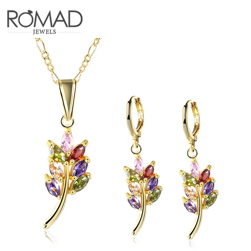 Warna Zirkonium busana Emas Daun Kalung Anting Setelan 