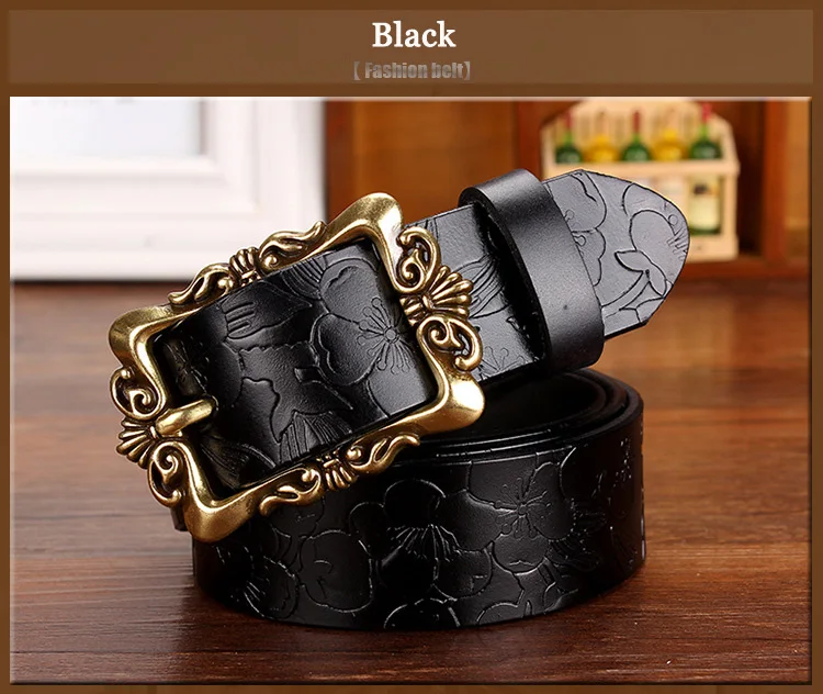 Wide Genuine Leather Belts For Women Vintage Floral Pin Buckle Belt