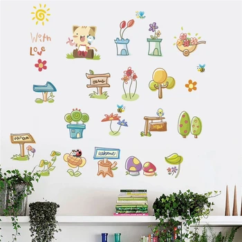 

Lovely Cat Pot Butterfly Flower Plant Wall Decals For Kids Rooms Home Decoration Cartoon Wall Stickers Pvc Mural Art Diy Poster