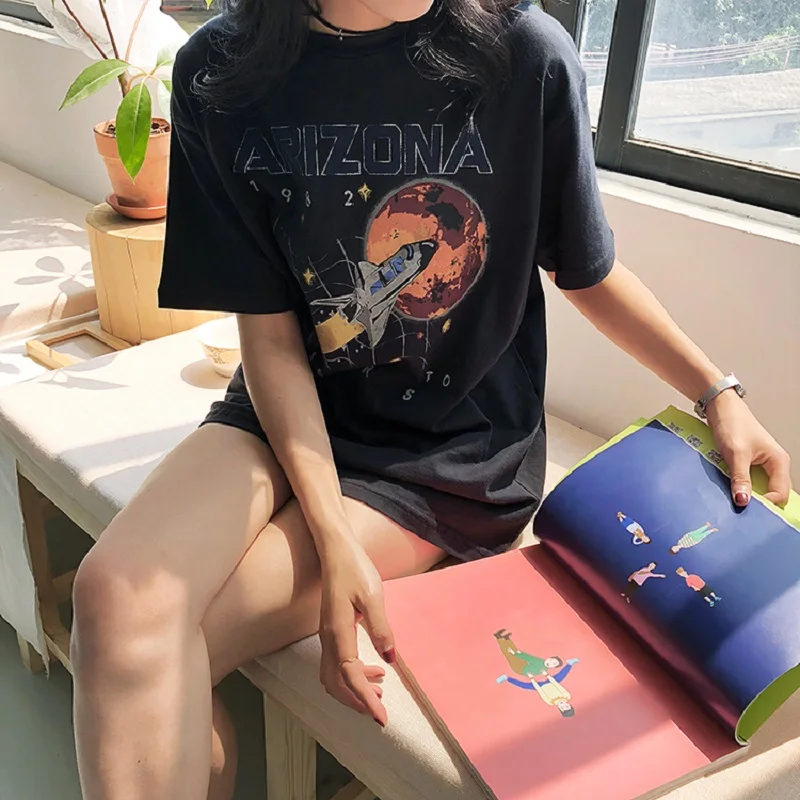 Летняя Свободная Женская хлопковая футболка с коротким рукавом и круглым вырезом больших размеров в Корейском стиле