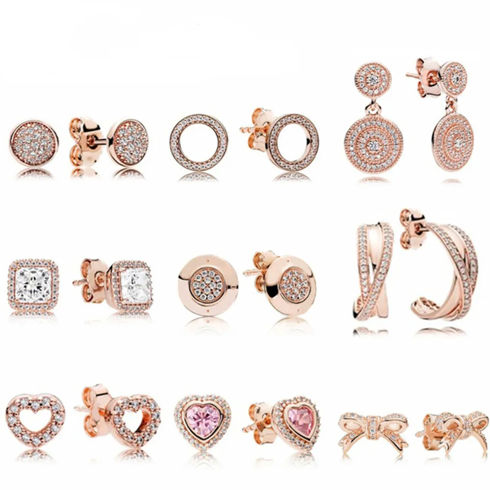 

Fanier In Pink Gold Sand Silver Earrings Sterile Rings Geometric Zircon Water Droplets In Heart Form Bowknot Pand Earrings
