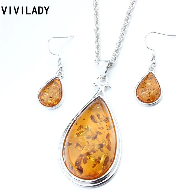 VIVILADY Classic Jewelry Sets Water Drop Imitation Resin Stones Pendants Long Necklaces Earrings 