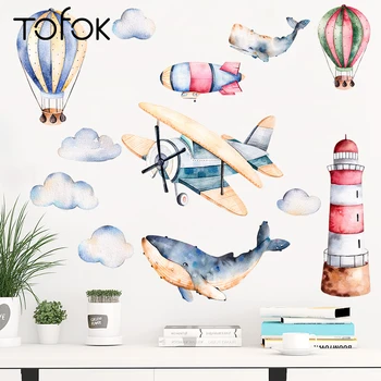 

Tofok Watercolor Airplane Lighthouse Wall Sticker Cartoon Baby Kids Room Creative Decal Waterproof Home Adhesive Decor Wallpaper