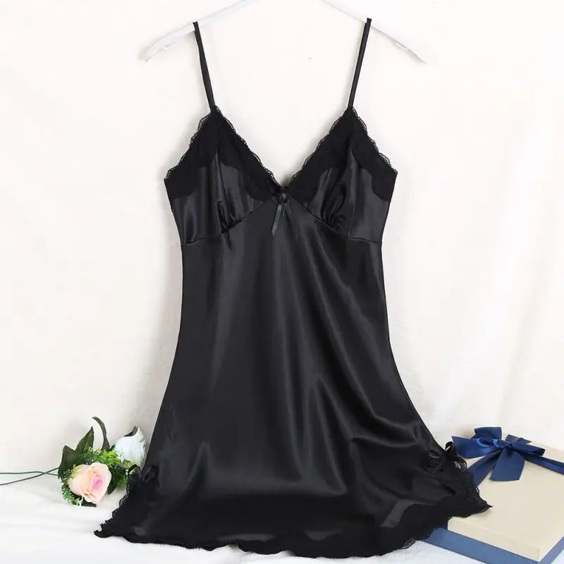 ROPALIA, сексуальное шелковое атласное Ночное платье, без рукавов, ночная рубашка с v-образным вырезом, ночная рубашка, кружевная ночная рубашка для женщин, большие размеры - Цвет: Black