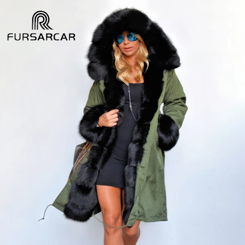 Женская парка с длинным рукавом FURSARCAR черная капюшоном и манжетами из