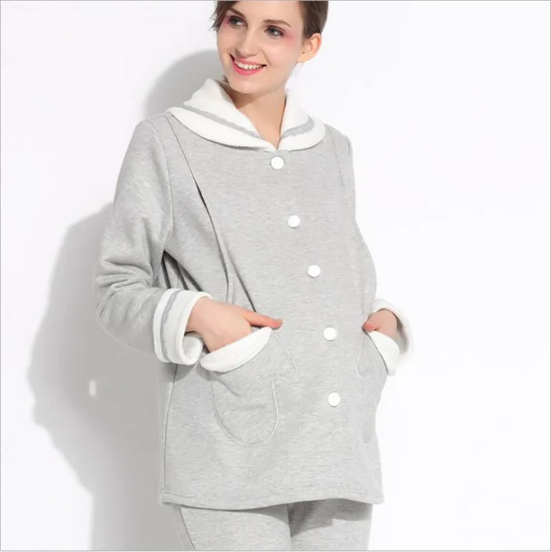 Грудное вскармливание пижамный комплект осень-зима для беременных бархат Костюмы толщиной беременных Для женщин пижамы кормящих пальто длинные штаны комплект