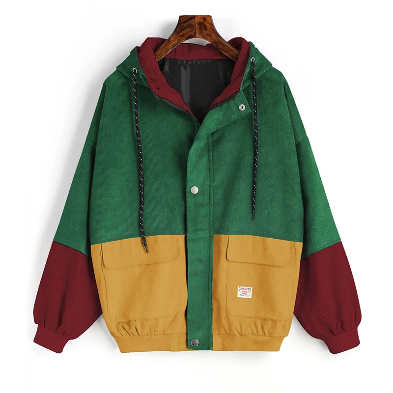 

Winter Warm Color Block Hooded Corduroy Jacket Drawstring Hit Color Patched Pocket Thick Basic Women Coat Harajuku New