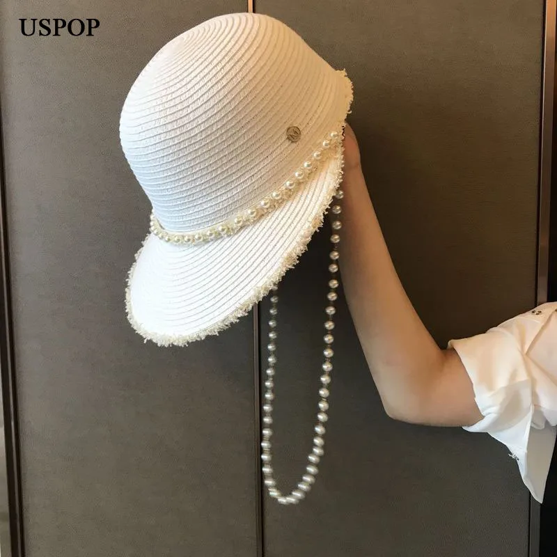 

USPOP 2019 New summer hats for women wide brim raffia sun hats letter M straw hats raffia straw visor caps pearl beach hat