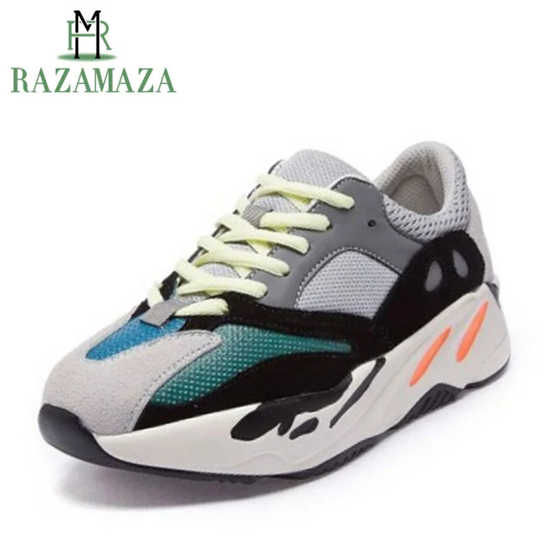 

RAZAMAZA Women Real Leather Sneakers 2019 Mixed Color Casual Flats Shoes Women Lace Up Outdoor Light Fitness Shoes Size 35-40