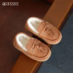 Qgxsshi новая зимняя обувь для детей Дети Пояса из натуральной кожи обувь для мальчиков и девочек кисточки плюс толстый бархат теплая