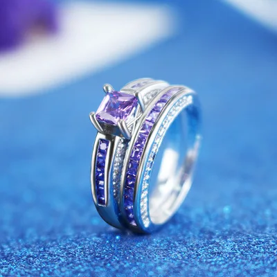 Fashion Wedding Ring For Lovers SILVER Color Crystal CZ Couple Rings Set Men Women Engagement White Violet Color Accessories R10