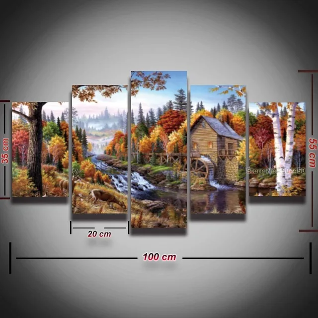5 Panel Canvas Painting HD Prints Forest Wooden House Landscape Modular Picture for Home Decor Living Room | Дом и сад