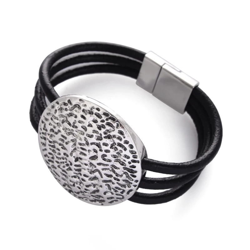 

New fashion jewelry alloy round shape black multi-layer genuine leather cord magnetic clasp bracelets for women and men bangle