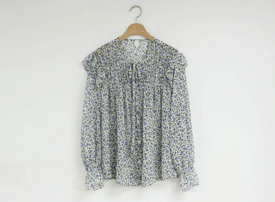 Новая летняя рубашка размера плюс с длинным рукавом для девочек, цветочные рубашки с рюшами, Женские топы и блузки, шифоновая блузка с принтом для женщин - Цвет: Blue