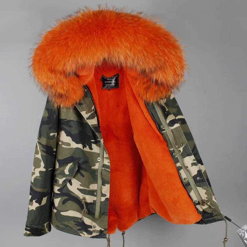 2017 Women Winter Camo Parkas Large Raccoon Fur Collar Hooded Coat Outwear 2 in 1 Detachable Lining Winter Jacket Brand Style