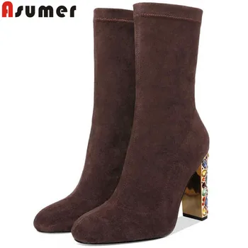 

ASUMER big size ladies autumn winter boots round toe mid calf boots super high heels faux suede boots rhinestone women shoes