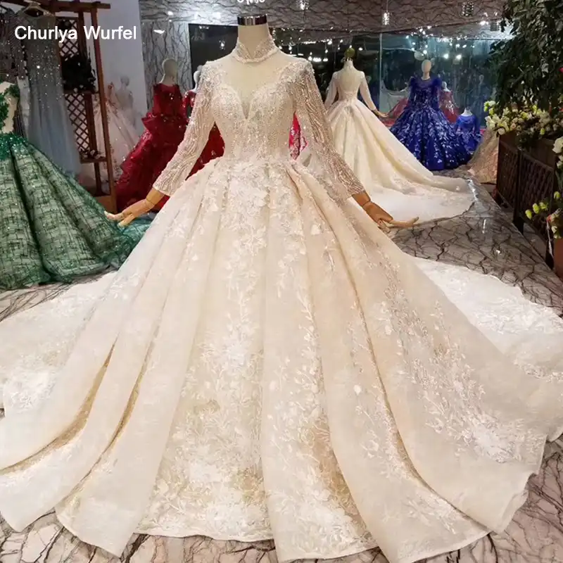 Lss445 Luxury Wedding Dresses High Neck Long Tulle Sleeves Beaded
