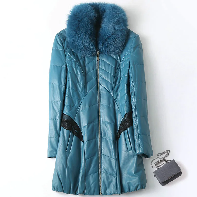 

Fox Fur Collar Real Genuine Leather Jacket Women Clothes 2019 Korean Vintage Sheepskin Coat Streetwear Thick Down Coats ZT3186