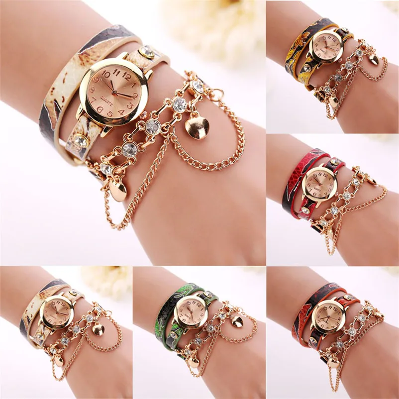 

Woman Leather Rhinestone Rivet Chain Quartz Bracelet Wristwatch Watch Women Wholesale#2AP12